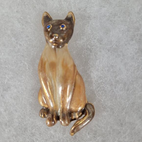 Vintage Siamese Cat Enamel Swirl Blue Rhinestone Eye Gold Tone Classic Brooch - Picture 1 of 2